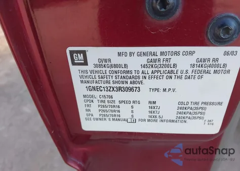 2003 Chevrolet Tahoe Lt z USA, uszkodzony, nr VIN 1GNEC13ZX3R309673